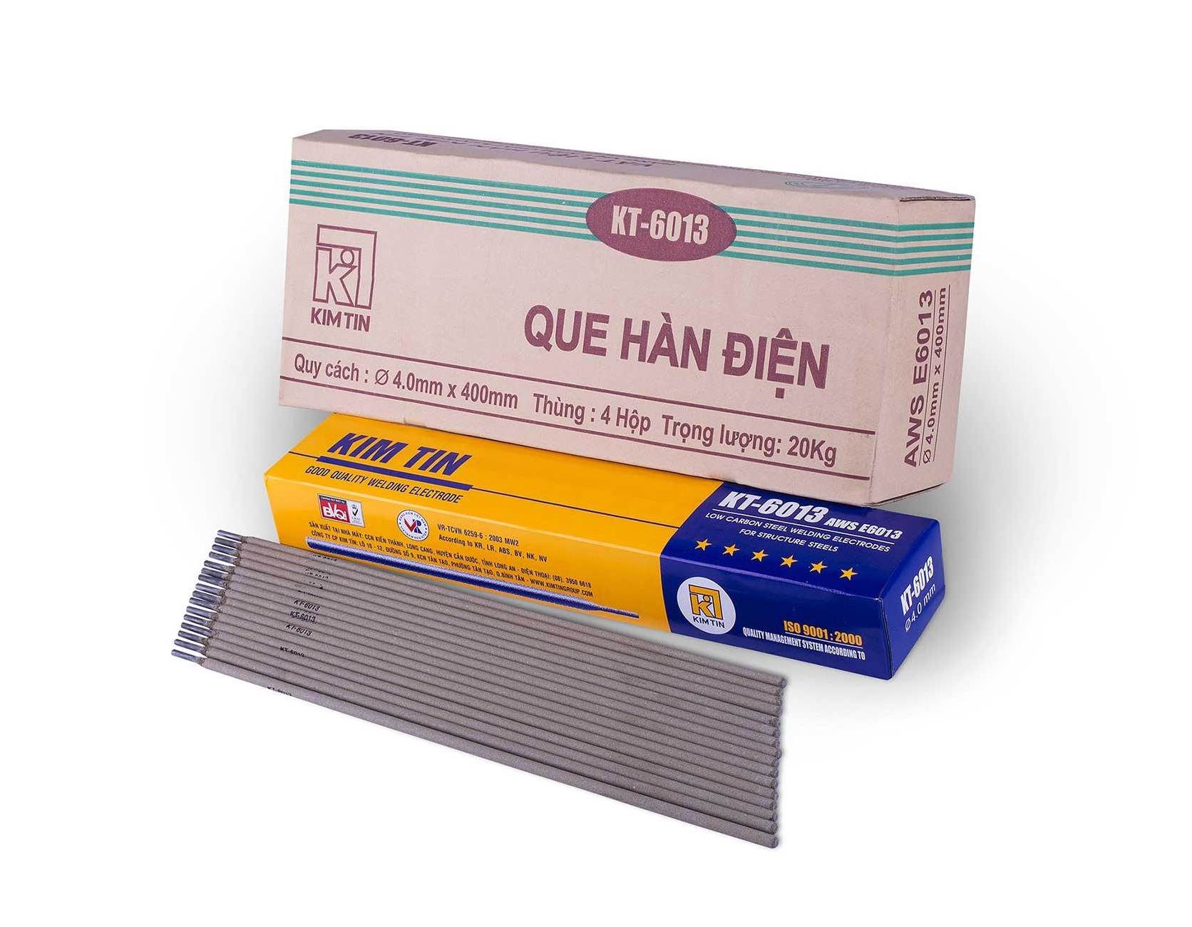 Que hàn sắt 5.0mm Kim Tín KT-6013, kích thước 5.0x400mm, 1 hộp 5kg