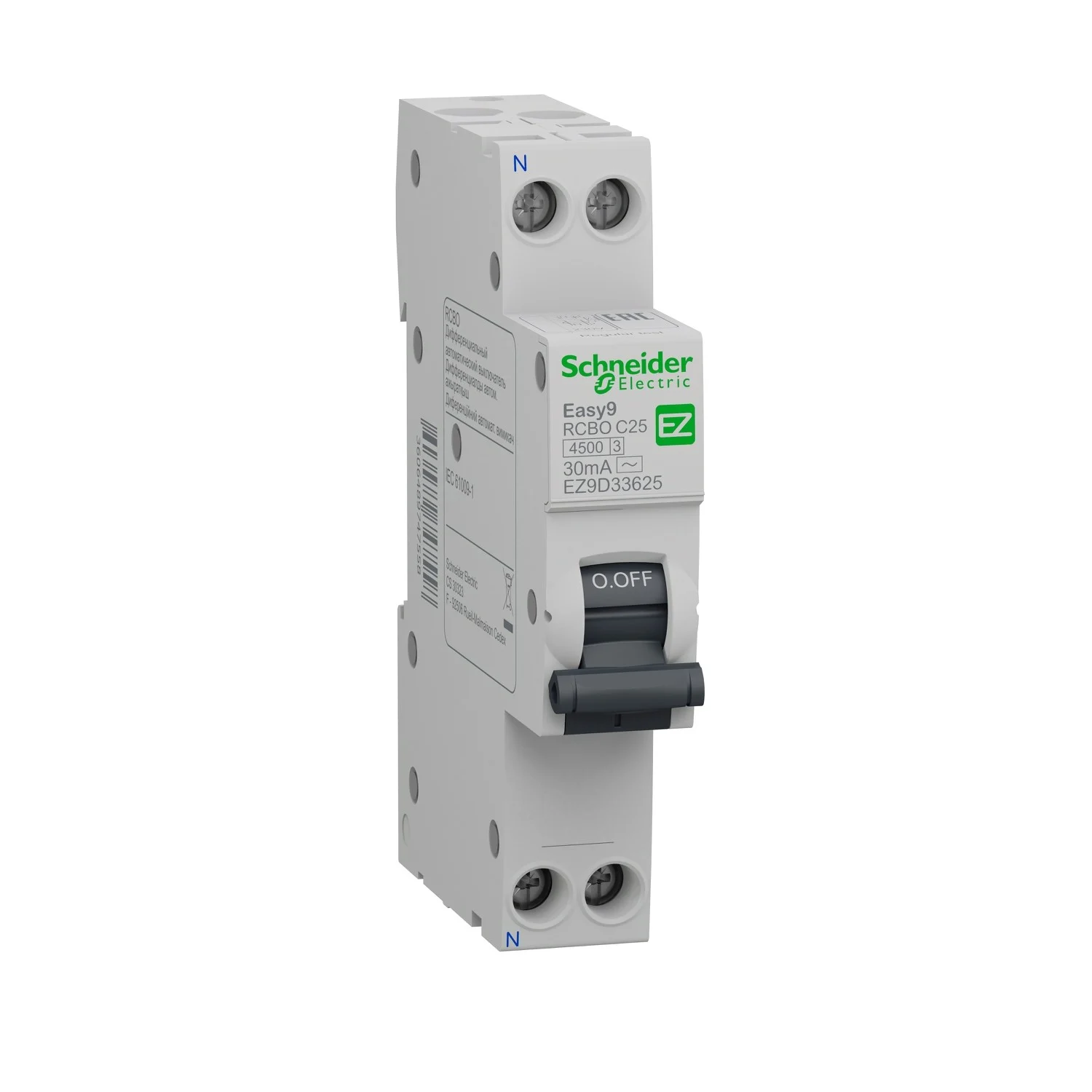 Cầu dao chống rò và bảo vệ quá tải  Slim RCBO Easy9 1P+N 4.5kA 30mA 16A Schneider EZ9D33616