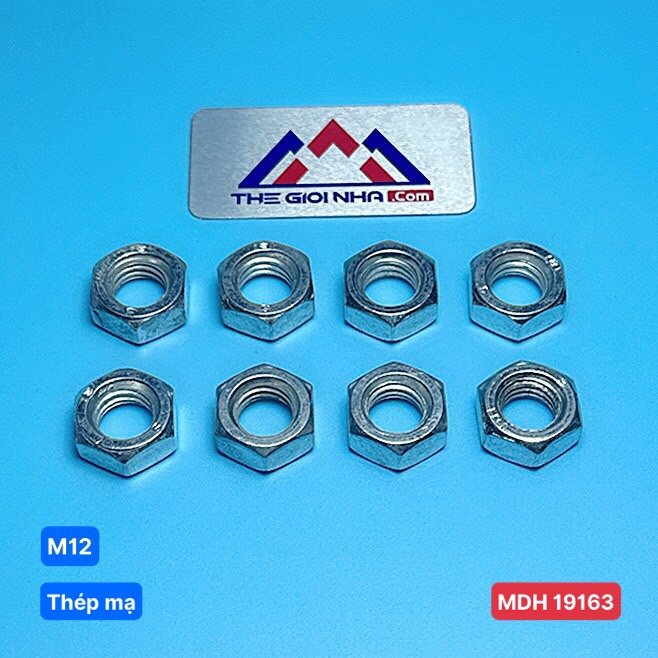 Đai Ốc (Con Tán) Đầu Lục Giác M12 Thép Mạ, Gói 100gram (8 con)
