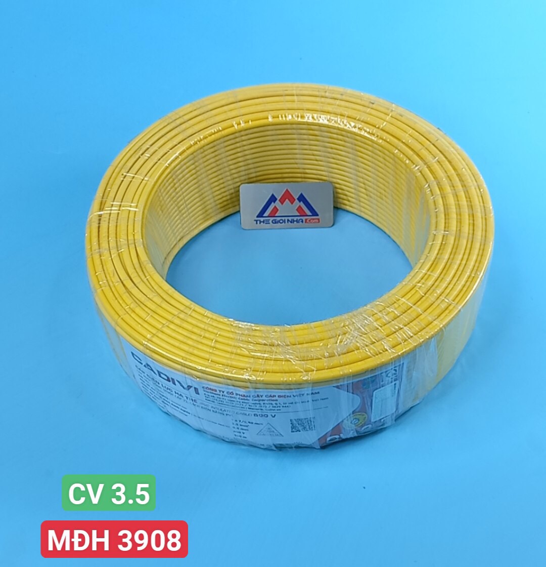 Dây điện đơn CV 3.5 Cadivi, màu vàng, cuộn 100m