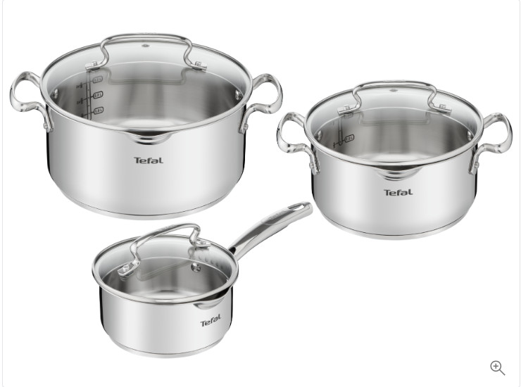 Bộ 3 nồi inox cao cấp Tefal Duetto Plus (Nồi cán dài 16cm - 1.4L, Nồi 20cm - 2.8L, Nồi 24cm - 4.9L) G719S674