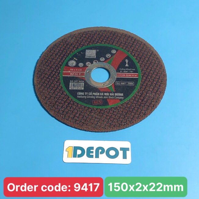 Đá cắt inox 150, thương hiệu DAMAHAD Hải Dương, kích thước 150x2x22mm, đóng gói 50 viên/hộp