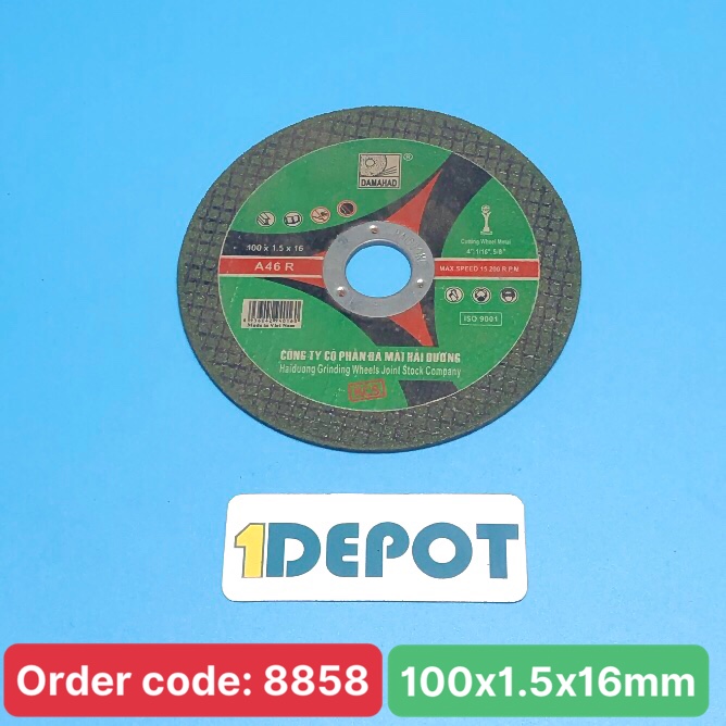 Đá cắt kim loại 100, thương hiệu DAMAHAD Hải Dương, màu xanh, kích thước 100x1.5x16mm, đóng gói 50 viên/hộp