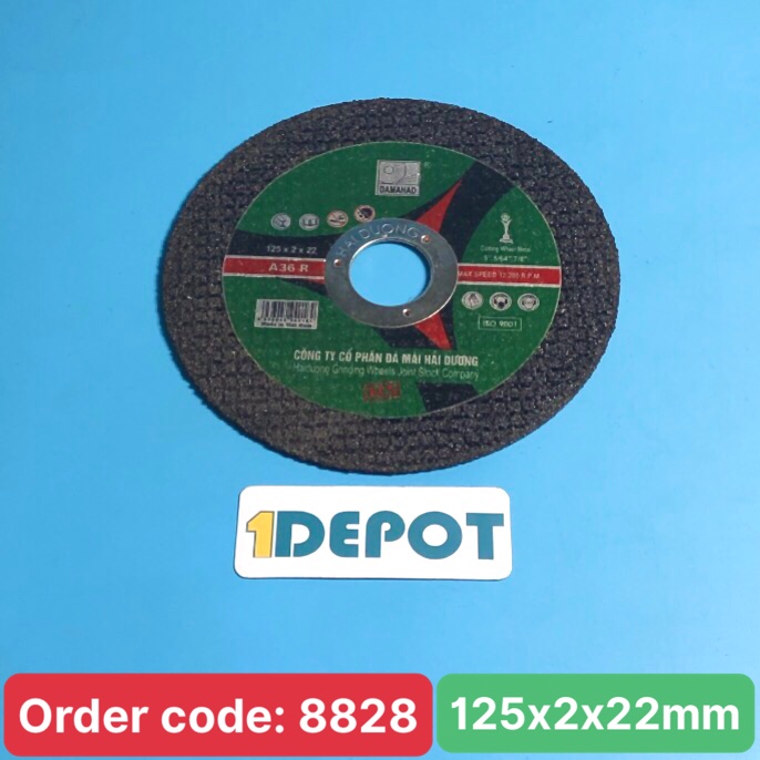 Đá cắt kim loại 125, thương hiệu DAMAHAD Hải Dương, màu đen, kích thước 125x2x22mm, đóng gói 50 viên/hộp
