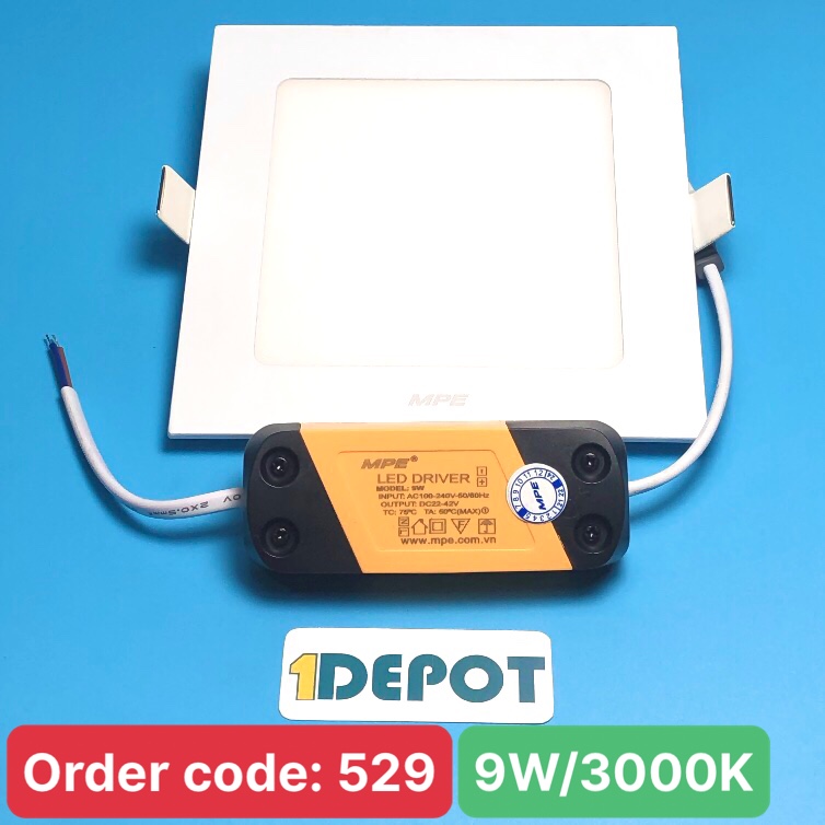 Đèn Led panel âm trần vuông 9W MPE SPL-9V ánh sáng vàng, KT 147x147x22 mm, đục lỗ 130x130 mm