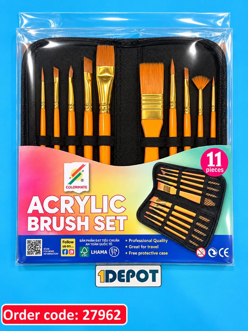 Bộ cọ vẽ màu Acrylic, Colormate kèm túi đựng, 10 cây/bộ, màu cam