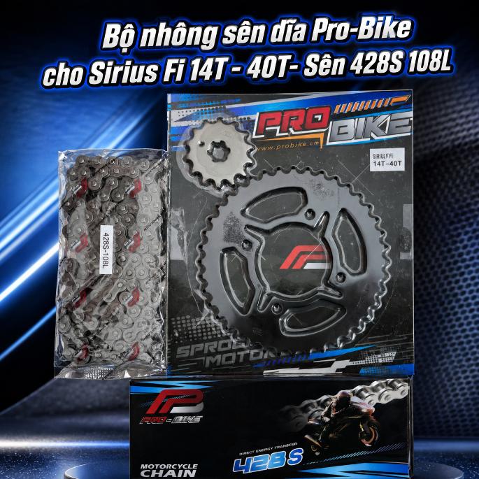 Bộ nhông sên dĩa Pro-Bike cho Sirius Fi 14T - 40T - Sên 428S 108L (sên tán đúc)  060031