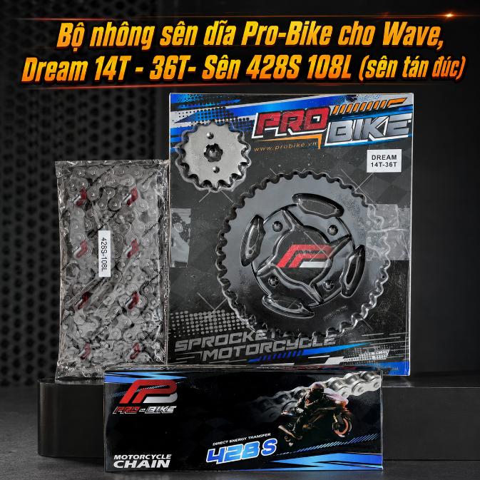 Bộ nhông sên dĩa Pro-Bike cho Wave, Dream 14T - 36T - Sên 428S 108L (sên tán đúc)  060030