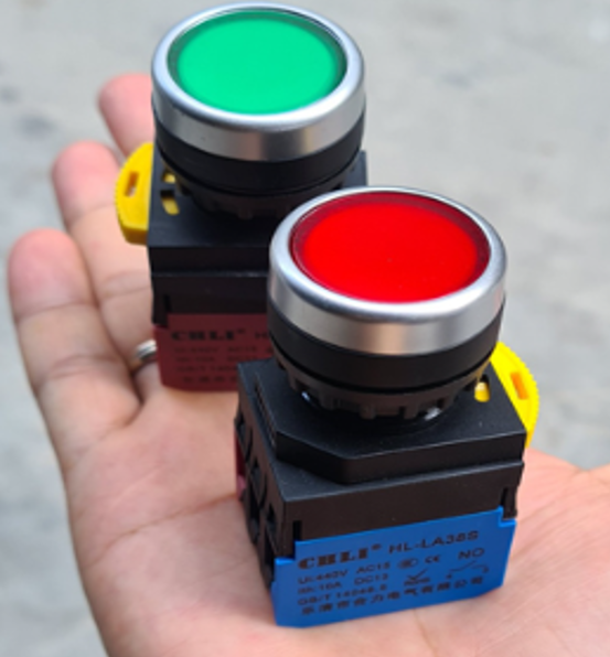 Nút nhấn giữ có đèn Ø25mm, điện áp 220V, tiếp điểm NO (màu xanh lá)