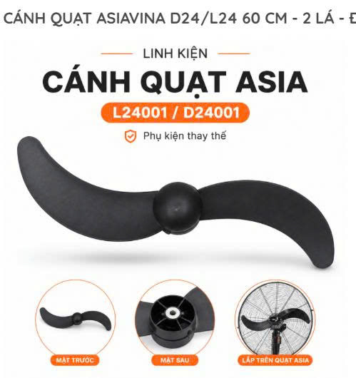Cánh quạt ASIAvina D24/L24, 60cm, 2 lá màu đen