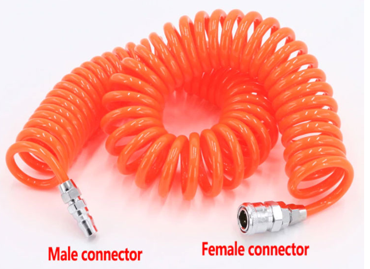 Dây hơi khí nén lò xo PU M8 x 5mm, đầu nối PP20 + SP20, dài 6m (màu cam)