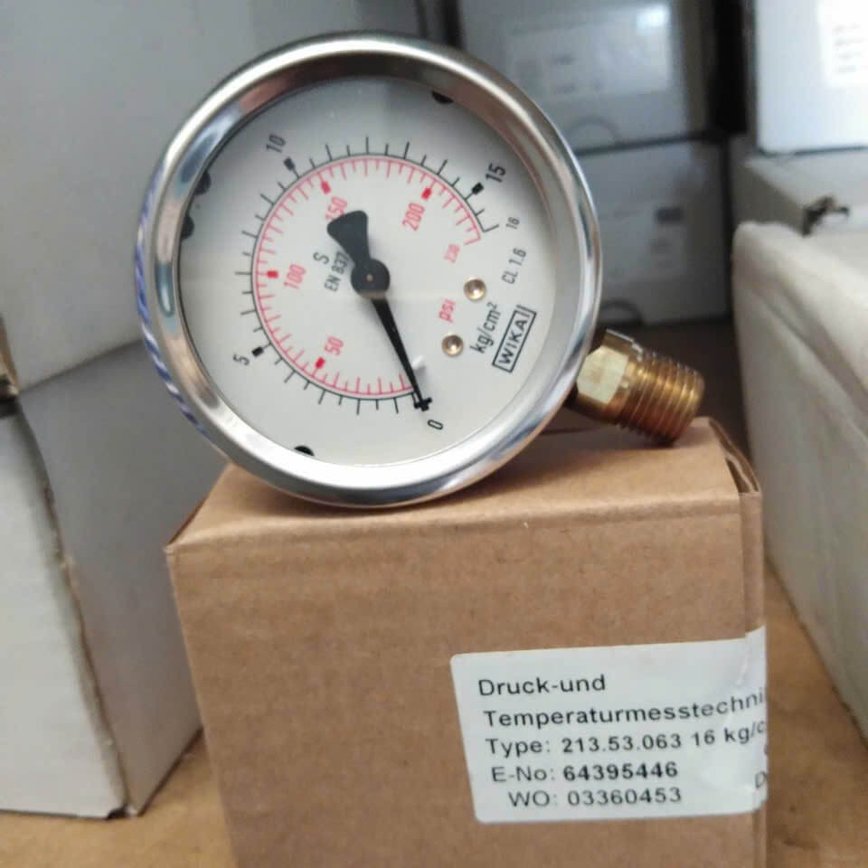 Đồng hồ đo áp suất WIKA 213.53 dải đo -1-1BAR, mặt 100, chân kết nối ren 1/4, có dầu ( không hiệu chuẩn)
