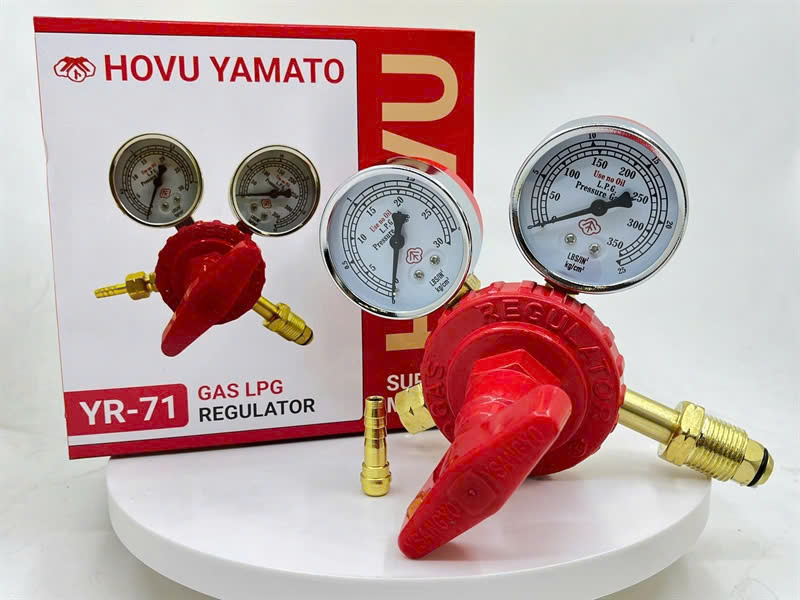 Đồng hồ gas Yamato Hovu YR-71 dùng khí LPG Acetylene thân nhôm đầu vào RN23, đầu ra RN17