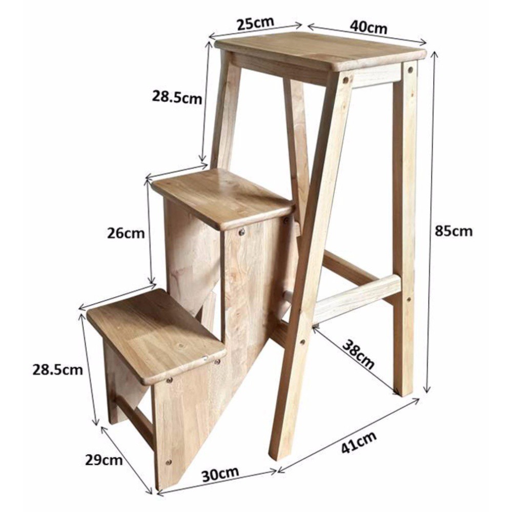 Ghế gỗ cao su 3 bậc gấp gọn, kích thước N400xS410xC850mm