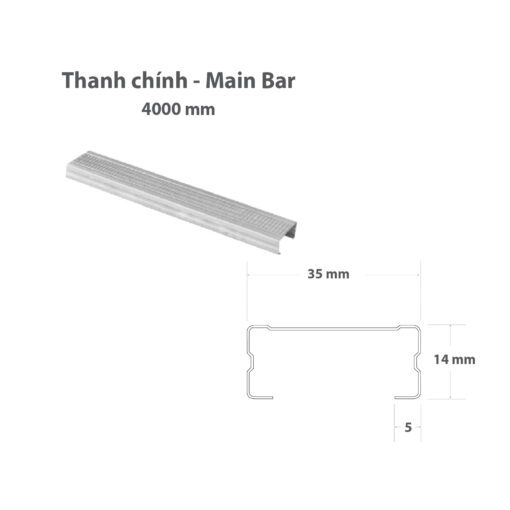 Thanh chính Main Bar 4000mm dùng cho khung xương trần thạch cao chìm, rộng 35mm, cao 14mm